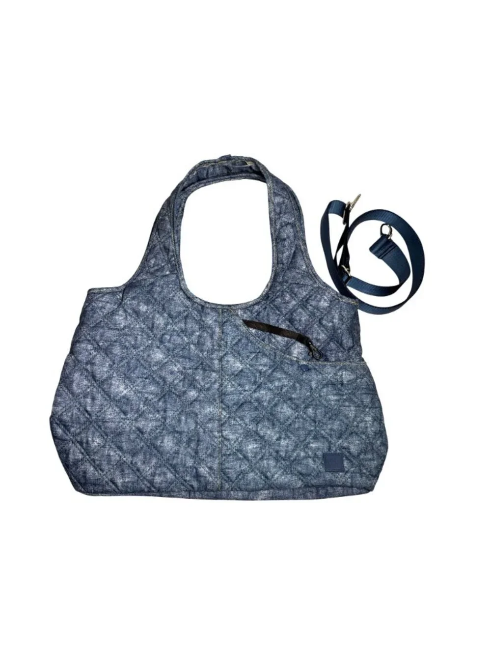 IHKWIP Quilted Everyday Shopper Tote Crossbody Strap Nylon Denim Blue Travel